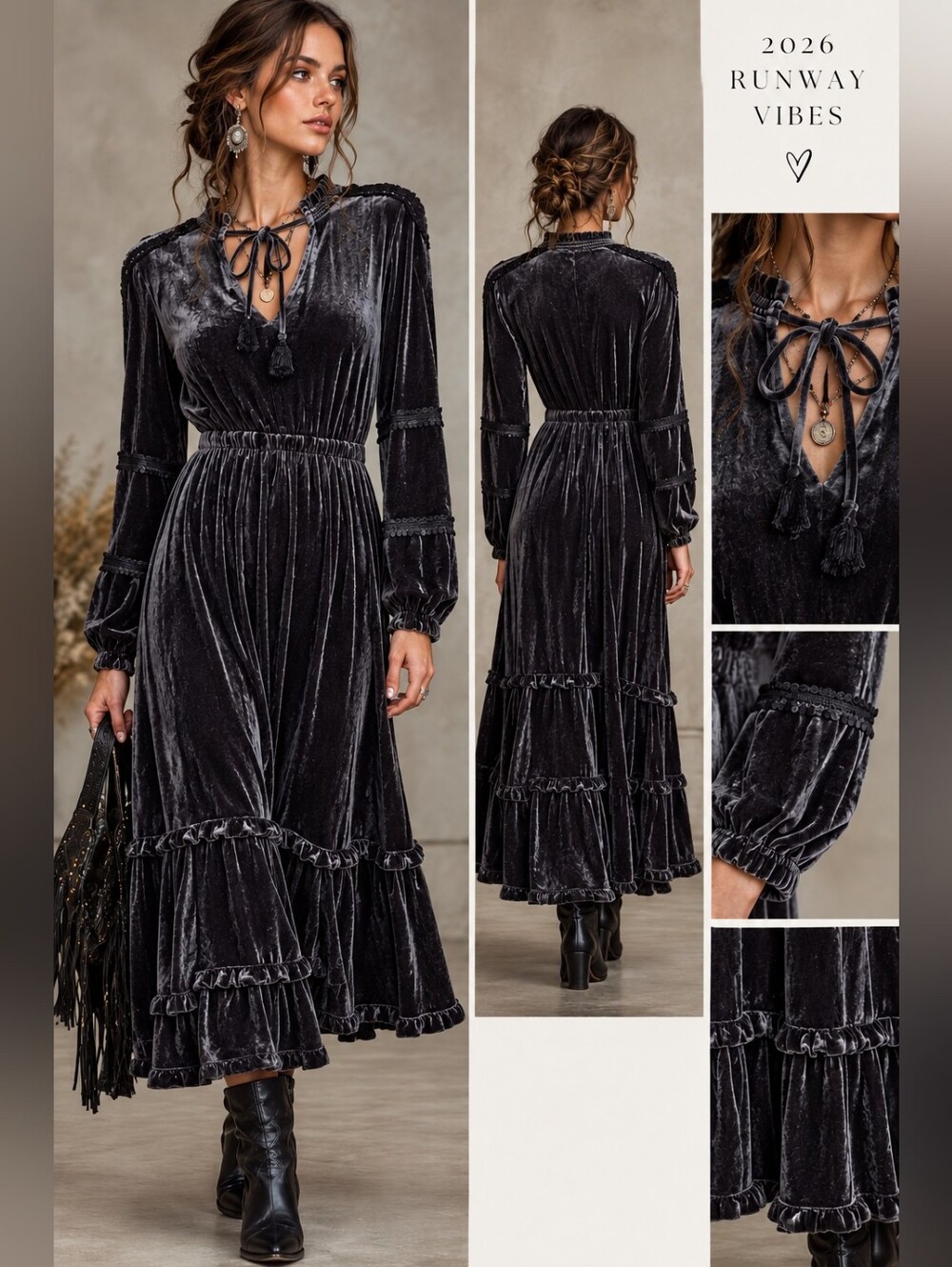 NWT Kate & Sam Velvet Dress Dark Grey Chic Size Large Midi Length Gothic Witchy